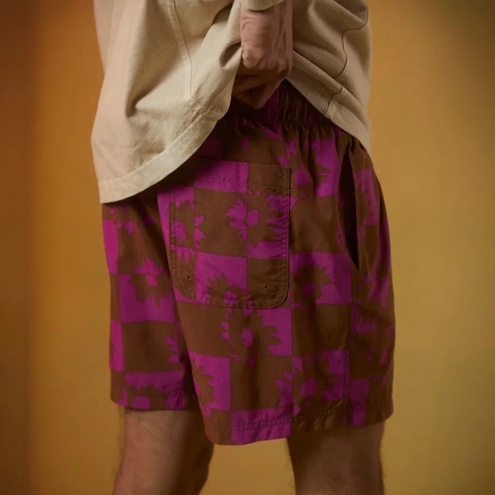 Urban Outfitters Daisy Checkerboard Print Swim Shorts Trunks Purple Brown Medium